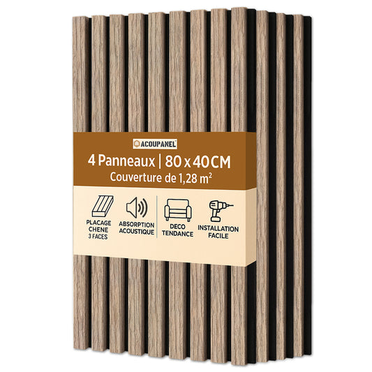 Quatre panneaux Tasseaux Acoustiques Chêne Brun Acoupanel™, à tasseaux verticaux sur fond blanc. Étiquette en français : chêne brun, absorption acoustique, style moderne, installation facile. Taille : 80x40 cm, surface totale : 1,28m².