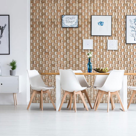 Créez une salle à manger moderne avec Panneau mural bois Rondo de Wood & Wall Decor™. Ce panneau mural géométrique en bois 3D beige ajoute de la profondeur et du style, s'associant parfaitement à l'art encadré et au mobilier contemporain de votre espace.