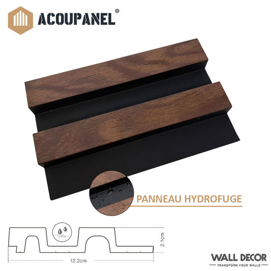 L'Échantillon Tasseau Hydrofuge - Acoupanel™ by Acoupanel™ présente deux lames de bois foncé sur un socle noir résistant à l'eau, mis en valeur par une icône de goutte d'eau et des dimensions techniques présentées dans les dessins au trait ci-dessous.