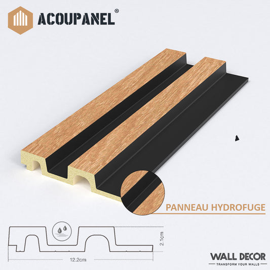L'Échantillon Tasseau Hydrofuge - Acoupanel™ by Acoupanel™ est présenté en coupe, avec le bois et les rainures noires. Il mesure 12,2 cm de large, 2,1 cm d'épaisseur, et est résistant à l'eau comme l'indique le label "Hydrofuge".