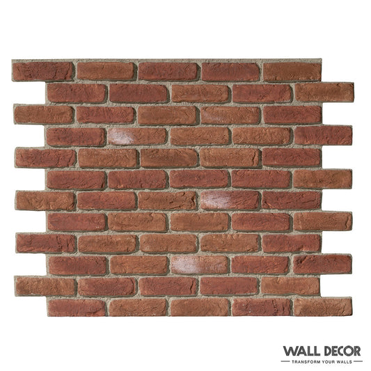 Le Parement Brique rouge - Urban Brick de Panespol™ présente un panneau mural en briques rouges avec des bords décalés et des variations de couleurs réalistes, sur fond blanc. Le coin inférieur droit affiche le logo WALL DECOR.