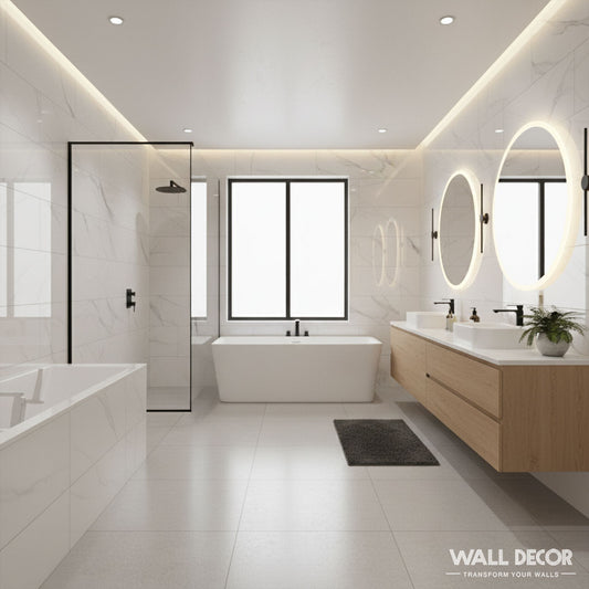 Salle de bain moderne avec Panneaux SPC Marbre Blanc Oslo de Murs 3D, baignoire autoportante, douche en verre, meuble-lavabo double avec miroirs ronds rétro-éclairés et accents en bois clair. Les panneaux SPC blancs ajoutent du style à cette retraite minimaliste.