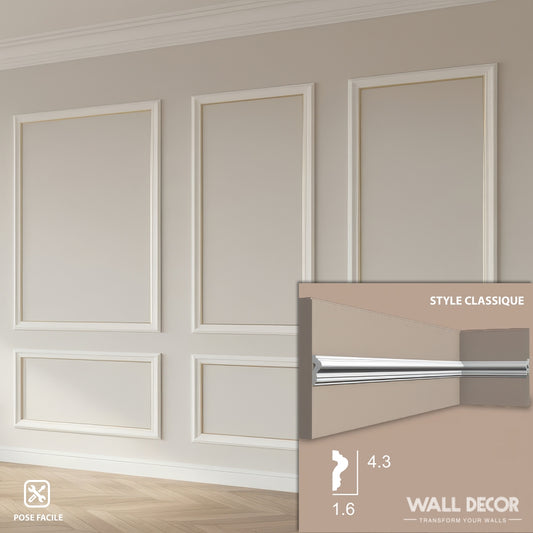 Un mur beige présente le Kit Moulures Murales Alizée - Style Haussmannien Classique de MURS 3D by WALL DECOR ; un encart montre le profil de la moulure (4,3 cm x 1,6 cm) et les mots "décoration murale".