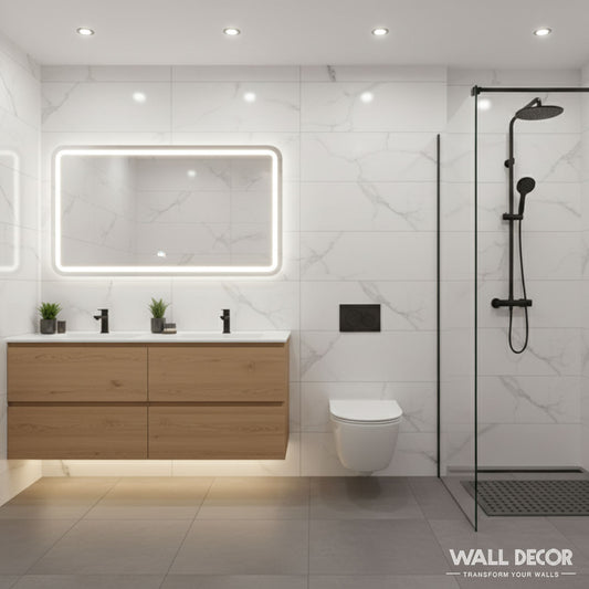 Salle de bains moderne avec des murs blancs à effet marbre utilisant les Panneaux SPC Marbre Blanc Oslo de Murs 3D by Wall Decor, un meuble-lavabo flottant à double vasque en bois, un miroir rétro-éclairé, des toilettes murales et une douche en verre aux finitions élégantes et de qualité supérieure.