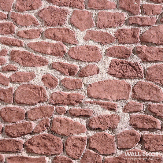 Gros plan sur le panneau mural Plaque Pierre Moellon Rouge de Covering Panels™, qui présente des pierres rouges irrégulières serties dans du mortier blanc pour un aspect texturé rustique. Dimensions : 2,85m x 1,3m (3,7 m²). Marque : Pierres Ginestar.