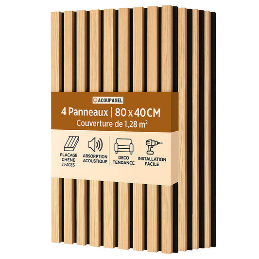 Acoupanel™ Panneaux Tasseaux Acoustiques Chêne Naturel (4 panneaux 80x40cm, 1,28m²) offrent une absorption sonore efficace, un décor élégant en chêne naturel et une installation facile.
