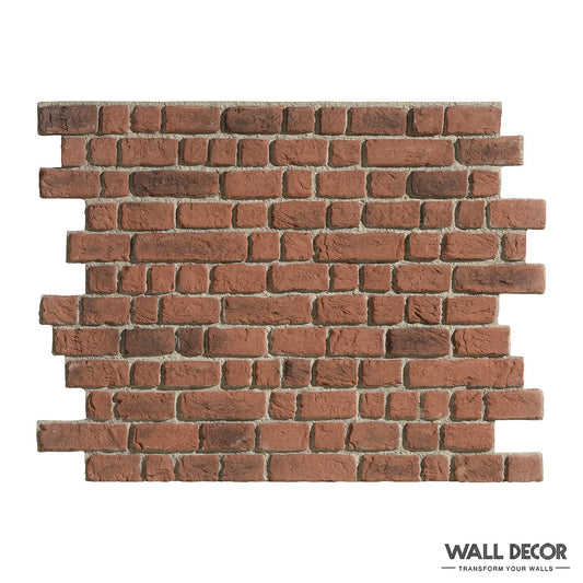 Une section de Parement Briquette Rouge - Wall Brick by Panespol™ avec des briques rouges inégales et des lignes de mortier visibles. L'image comporte un logo WALL DECOR et le slogan "TRANSFORM YOUR WALLS" dans le coin inférieur droit.