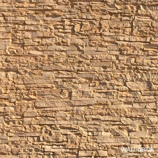 Un gros plan de briques de grès inégalement taillées, de couleur beige et havane, forme un motif de style table. "Echantillons Plaque Covering Panels : Choisissez votre Design !" de Covering Panels™ apparaît en texte blanc dans le coin inférieur droit.