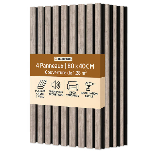 Panneaux Tasseaux Acoustiques Chêne Gris Acoupanel™, set de 4 (1,28m chacun), design à lames verticales. Finition chêne gris moderne, installation facile, excellente absorption sonore-décoration élégante.