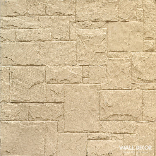 Plaque Pierre Ocre - Style Travertin (2,85m x 1,3m : 3,7m²) par Covering Panels™ : Mur de pierre beige clair dans un motif rectangulaire irrégulier, idéal comme panneau décoratif travertin pour tout espace extérieur. WALL DECOR apparaît en bas à droite.