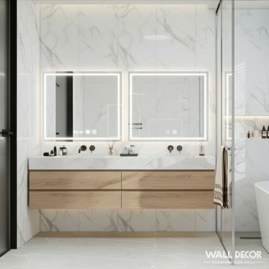 Salle de bain moderne avec un meuble à double vasque, des tiroirs en bois clair, des miroirs éclairés, une cabine de douche en verre et des murs revêtus de Panneaux SPC Marbre Blanc Oslo by Murs 3D by Wall Decor (boîte de 2 plaques de 2m60 x 40cm).