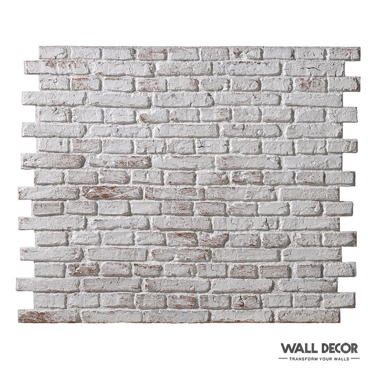 Le panneau mural Parement Brique Anciennes - Country Brick de Panespol™ présente une texture réaliste de fausse brique et de mortier blanchis à la chaux avec des bords décalés - un moyen facile d'améliorer votre décor pour un look moderne et élégant. WALL DECOR Transformez vos murs.