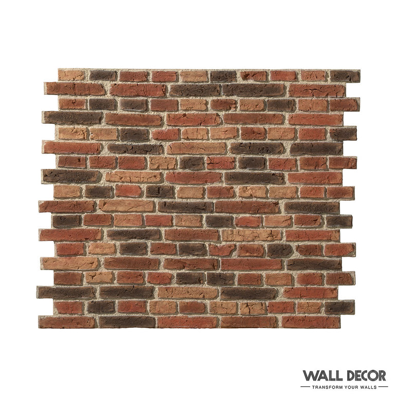 Une section de Parement Brique Flammée - Country Brick by Panespol™ est représentée avec des briques rouges et brunes et des bords irréguliers sur un fond blanc. En bas à droite figure le texte : DÉCOR MURAL TRANSFORMEZ VOS MURS.
