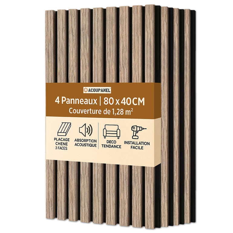Quatre panneaux Tasseaux Acoustiques Chêne Brun Acoupanel™, à tasseaux verticaux sur fond blanc. Étiquette en français : chêne brun, absorption acoustique, style moderne, installation facile. Taille : 80x40 cm, surface totale : 1,28m².