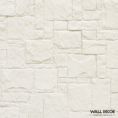 Plaque Pierre Blanche - Style Travertin (2,85m x 1,3m, 3,7 m²) de Covering Panels™ présente une pierre texturée blanc cassé en carreaux rectangulaires et carrés. WALL DECOR et le slogan TRANSFORM YOUR WALLS apparaissent en bas à droite.