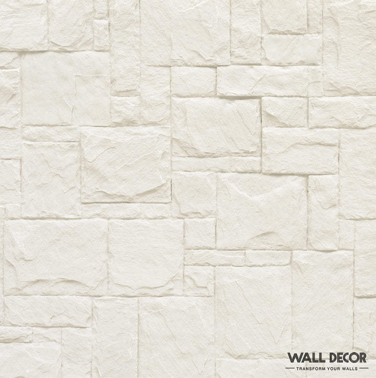 Mur de pierres blanches texturées avec des motifs rectangulaires et carrés, créant un effet 3D-idéal comme fond de table. La marque 