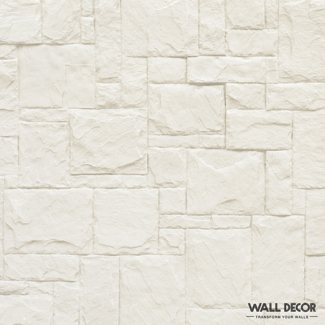 Mur de pierres blanches texturées avec des motifs rectangulaires et carrés, créant un effet 3D-idéal comme fond de table. La marque "Covering Panels™" apparaît en bas à droite. Produit : Echantillons Plaque Covering Panels : Choisissez votre Design !.