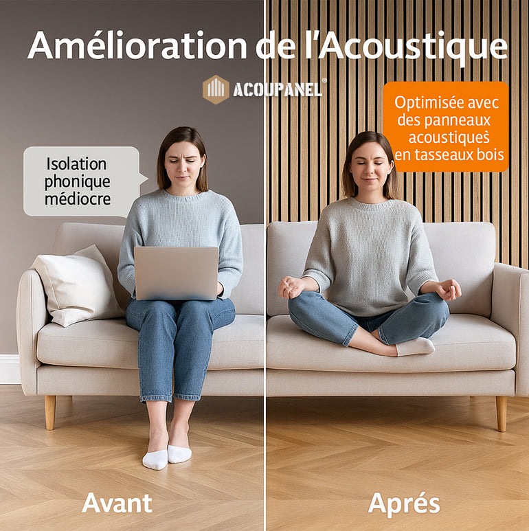 Une image fractionnée montre une femme stressée travaillant sur son ordinateur portable dans une pièce bruyante (Avant), puis détendue et méditant (Après) après avoir installé Acoupanel™ Panneaux Tasseaux Acoustiques Chêne Marron - 1,28m² pour améliorer l'acoustique.
