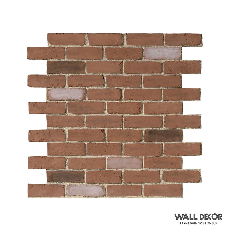 Une section de Parement Brique Rouge - English Brick de Panespol™ présente un mélange de briques rouges, beiges et marron foncé aux bords irréguliers. Le logo Wall Decor et le slogan 