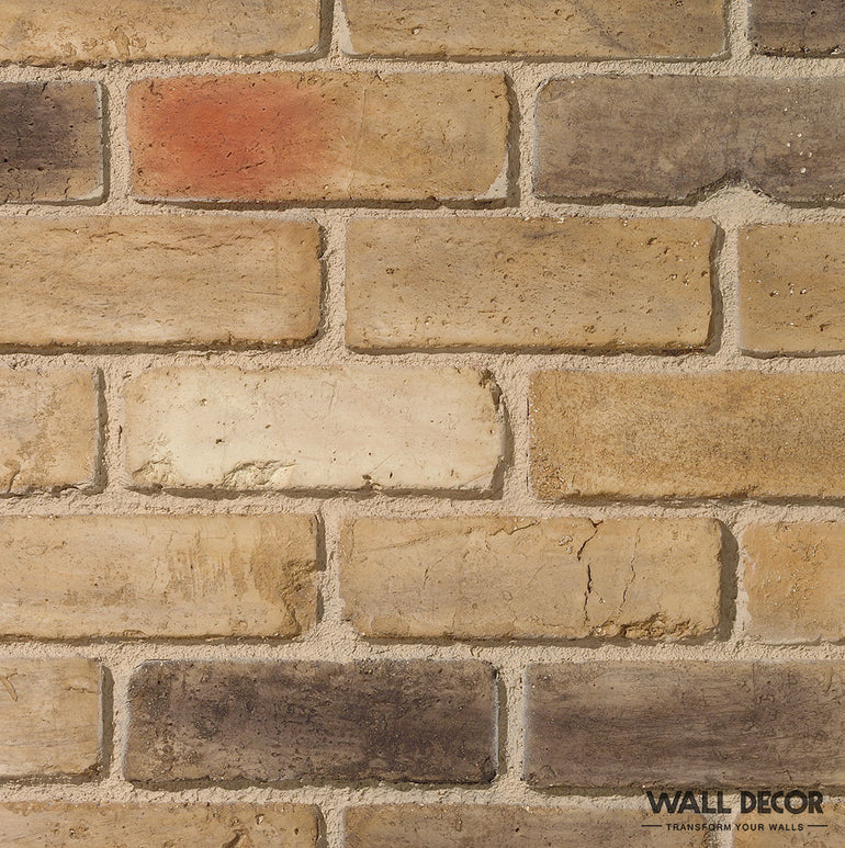 Un gros plan de Parement Brique Marron - English Brick par Panespol™ montre des briques de couleur tan, marron, rougeâtre et crème avec des textures rugueuses et un motif réaliste. Le logo WALL DECOR et 