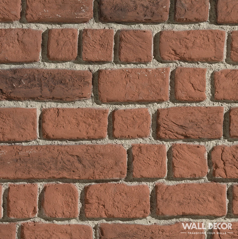 Un gros plan de Parement Briquette Rouge - Wall Brick by Panespol™ montre des briques rouges avec du mortier gris dans un motif horizontal. Le logo WALL DECOR et le texte 