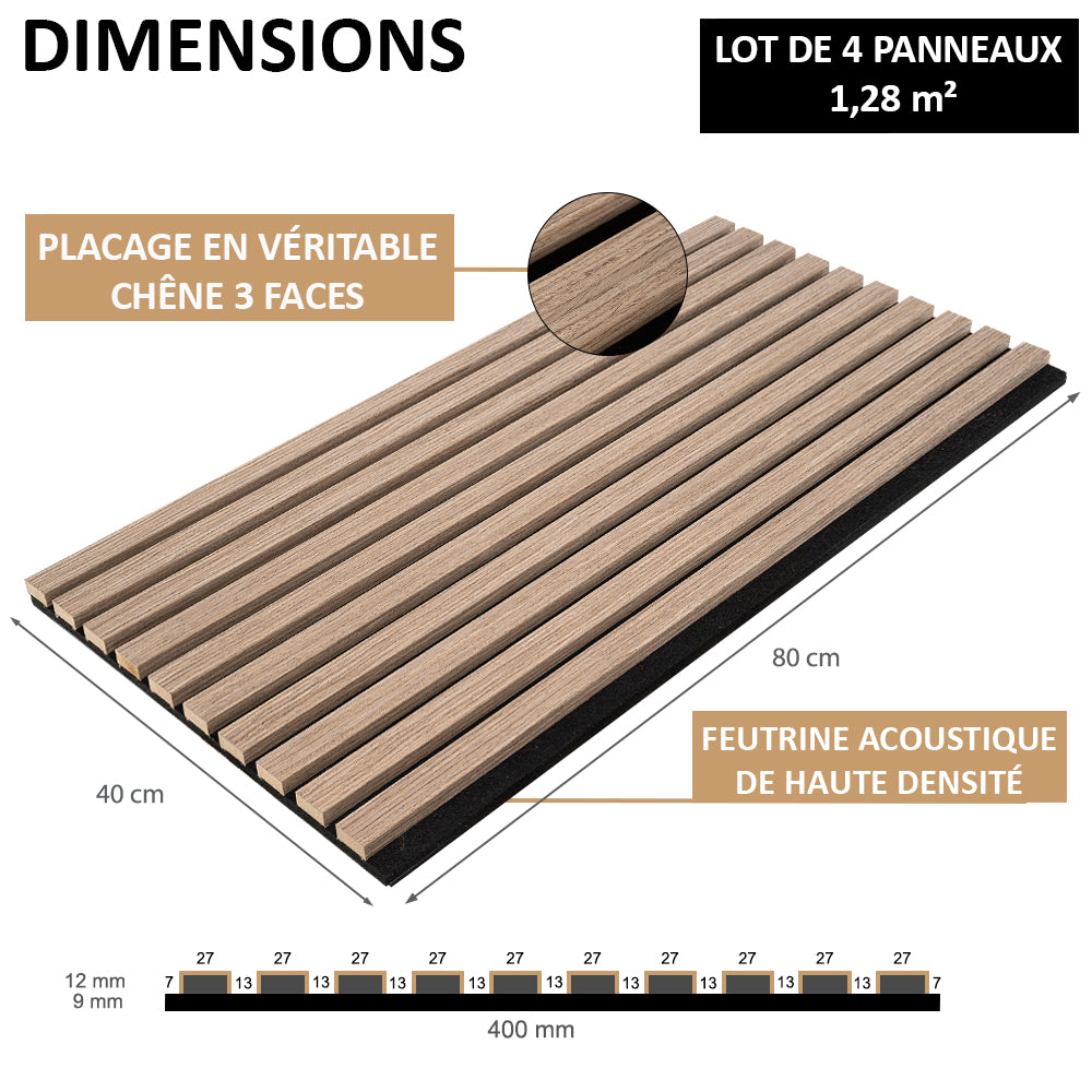 Vue en angle d'Acoupanel™ Panneaux Tasseaux Acoustiques Chêne Brun - 1,28m², avec bandes verticales en chêne brun et placage en chêne véritable. Les caractéristiques sont listées ; les lignes de dimensions et les étiquettes sont indiquées ci-dessous.