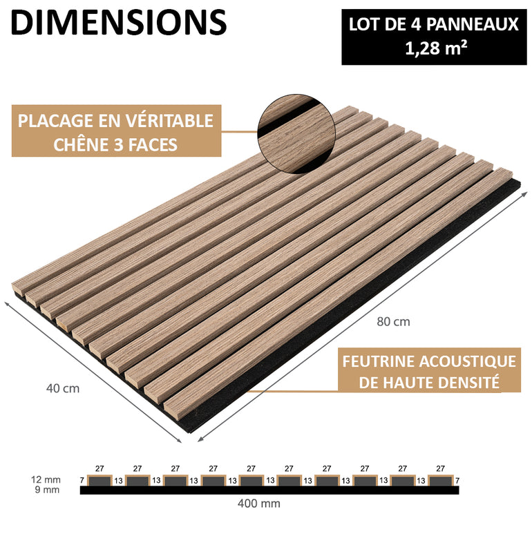Vue en angle d'Acoupanel™ Panneaux Tasseaux Acoustiques Chêne Brun - 1,28m², avec bandes verticales en chêne brun et placage en chêne véritable. Les caractéristiques sont listées ; les lignes de dimensions et les étiquettes sont indiquées ci-dessous.