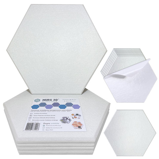 Panneaux Acoustiques Blanc Lisse – 6 Dalles Hexagonales Adhésives 30x26 cm x 9mm