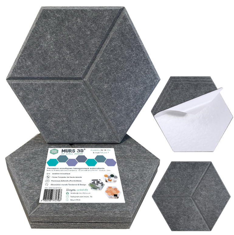 Panneaux Acoustiques Gris Texturé – 6 Dalles Hexagonales Adhésives 30x26 cm  (9 ou 18mm)