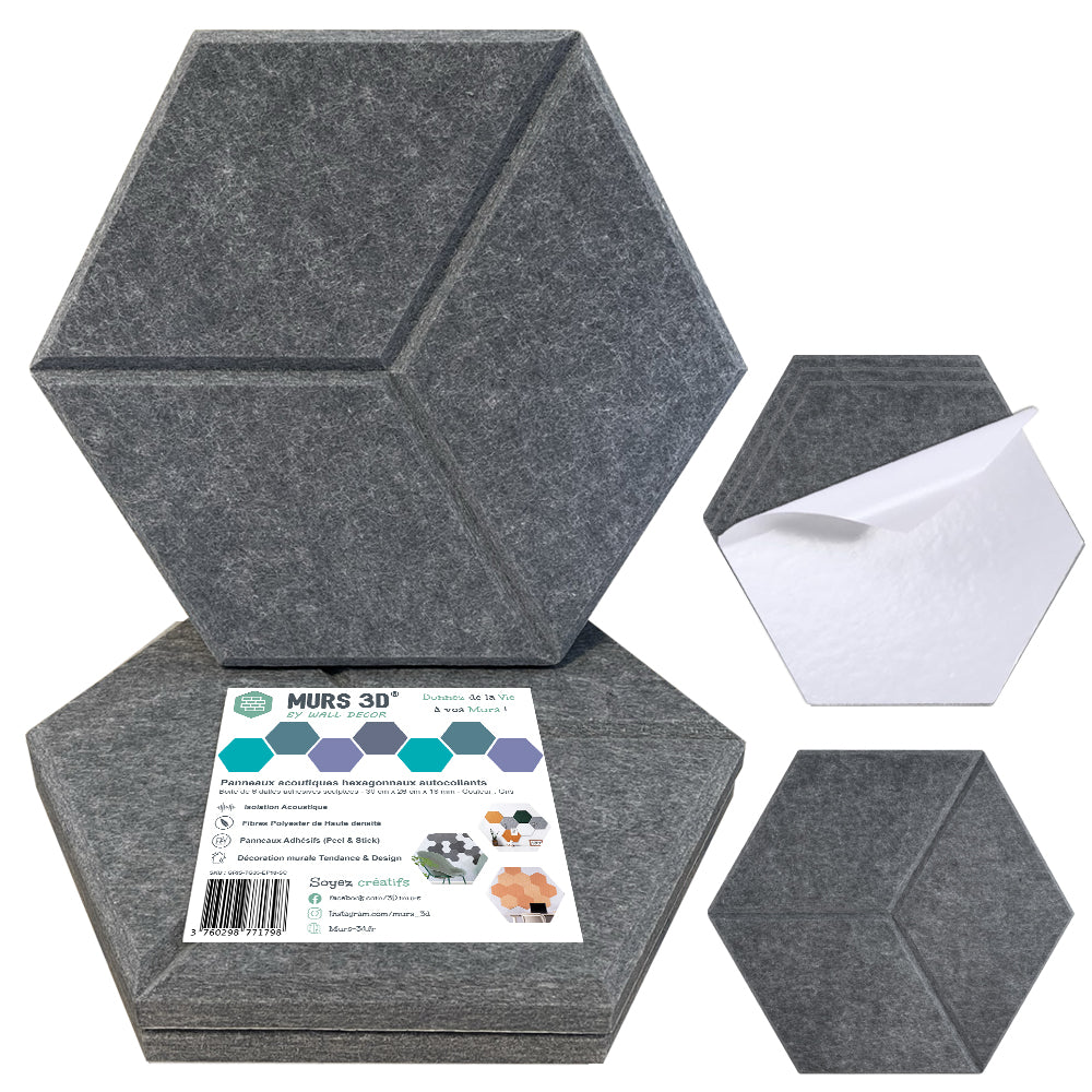 Panneaux Acoustiques Gris Texturé – 6 Dalles Hexagonales Adhésives 30x26 cm  (9 ou 18mm)