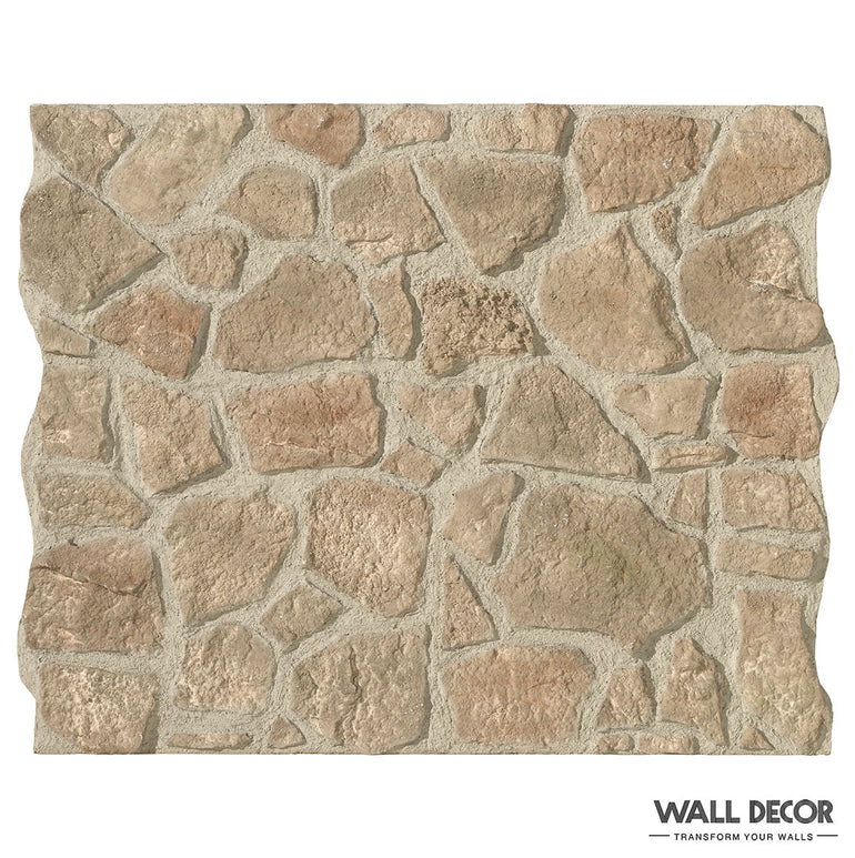 Le Parement Pierre Meuliere foncé - Cuenca de Panespol™ est un panneau carré avec un motif rustique de blocs de pierre marron clair irréguliers et des lignes de mortier visibles, reproduisant l'aspect d'un mur en pierre naturelle.
