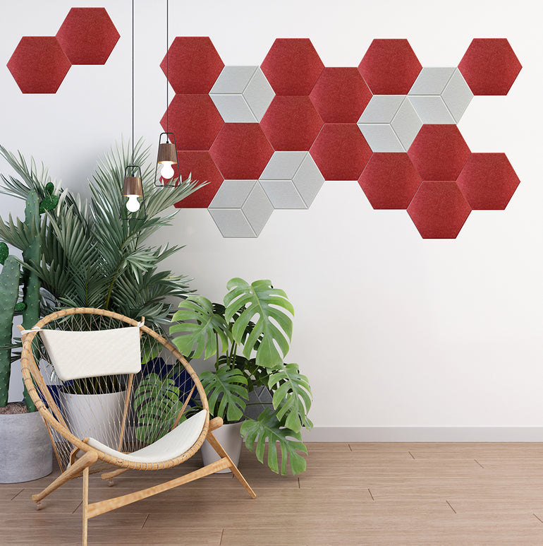 Panneaux Acoustiques Rouge Lisse – 6 Dalles Hexagonales Adhésives 30x26 cm x 9mm