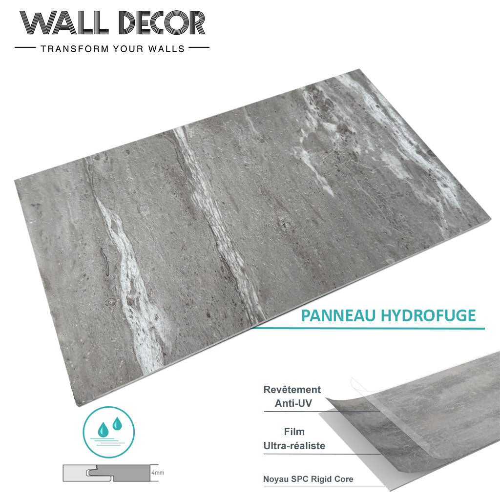 Le panneau mural gris rectangulaire "Echantillon Panneaux SPC Marbre ou Pierre" de Murs 3D by Wall Decor est caractérisé par une texture marbrée, un design d'effondrement des bordures, un noyau rigide SPC imperméable, un revêtement anti-UV et un film ultra-réaliste.
