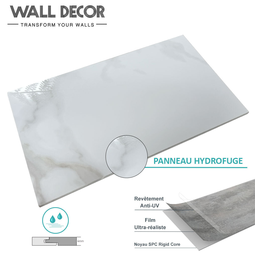 L'Echantillon Panneaux SPC Marbre ou Pierre by Murs 3D by Wall Decor est un panneau mural rectangulaire d'aspect marbre ("Panneau Hydrofuge") doté d'un design anti-UV, résistant à l'eau et d'une structure multicouche réaliste sur un fond épuré.