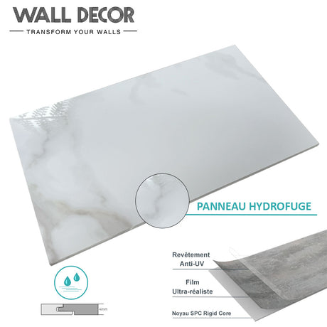 L'Echantillon Panneaux SPC Marbre ou Pierre by Murs 3D by Wall Decor est un panneau mural rectangulaire d'aspect marbre ("Panneau Hydrofuge") doté d'un design anti-UV, résistant à l'eau et d'une structure multicouche réaliste sur un fond épuré.