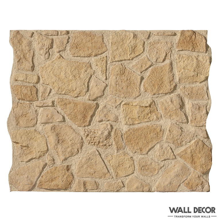 Le panneau Panespol™ Parement Pierre Meuliere - Cuenca présente une finition beige texturée avec des pierres de forme irrégulière et des bords irréguliers, reproduisant de manière authentique la maçonnerie en pierre naturelle pour un effet décoratif réaliste.