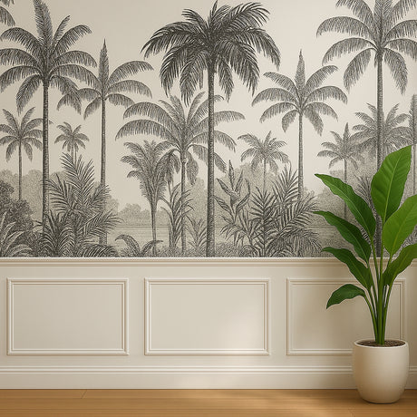 Une chambre aux murs lambrissés beiges avec le Kit Moulures Alexis - Soubassement Style Classique by MURS 3D de WALL DECOR, une fresque de palmiers tropicaux noirs et blancs, un sol en bois et une plante en pot pour une touche d'élégance intérieure.