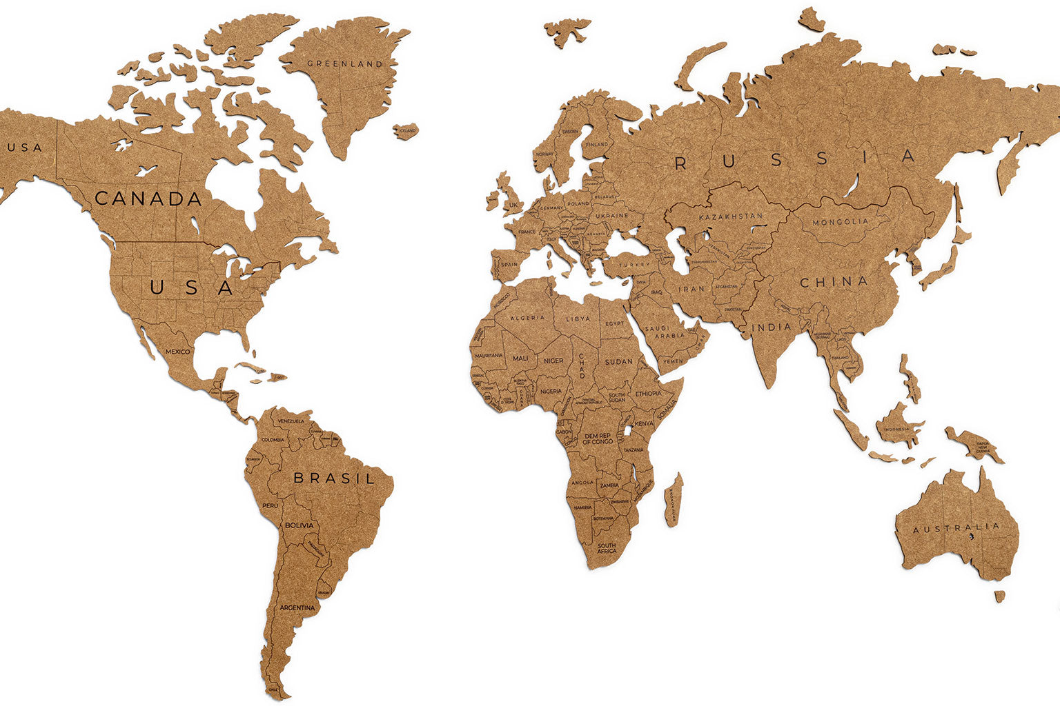Carte du monde en Bois 150x90cm - Marron - Avec les pays
