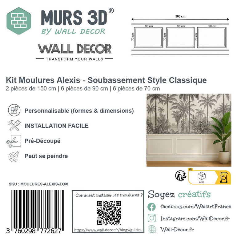 Fiche produit du Kit Moulures Soubassement Alexis - Style Haussmannien Classique par MURS 3D par WALL DECOR. Installation facile, formes personnalisables, pièces prédécoupées, icônes de peinture, coordonnées et QR code inclus.