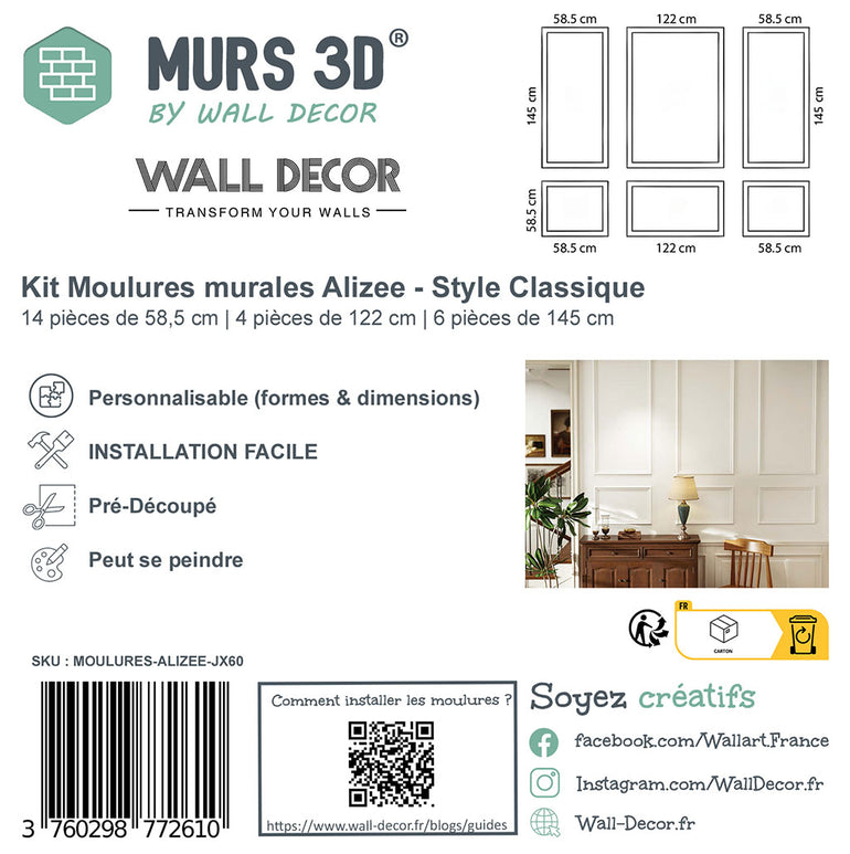 Etiquette de produit pour Kit Moulures Murales Alizée - Style Haussmannien Classique by MURS 3D by WALL DECOR. Inclut les dimensions du cadre, les icônes de personnalisation, l'installation facile, la surface prédécoupée et peignable, ainsi que les informations sur les médias sociaux et les contacts.