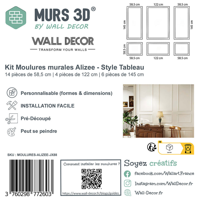 Le Kit Moulures Alizée - Style Haussmannien Tableau by MURS 3D by WALL DECOR présente un packaging montrant la disposition des cadres, la facilité d'installation, les formes personnalisables, les pièces prédécoupées, les conseils de couleurs, et une photo de la pièce avec des moulures au mur.