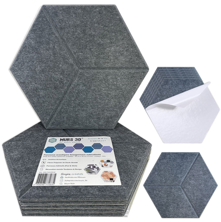 Panneaux Acoustiques Gris Texturé – 6 Dalles Hexagonales Adhésives 30x26 cm  (9 ou 18mm)