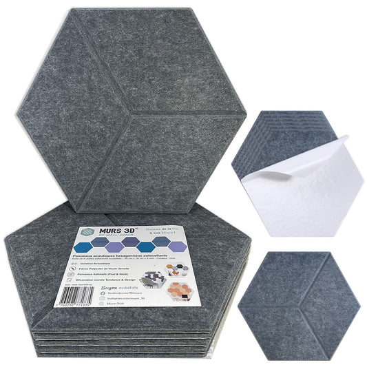 Panneaux Acoustiques Gris Texturé – 6 Dalles Hexagonales Adhésives 30x26 cm  (9 ou 18mm)