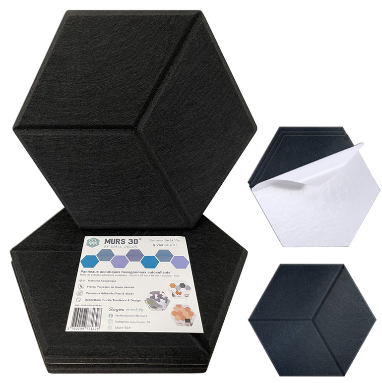 L'image montre Murs 3D by Wall Decor Panneaux Acoustiques Noir Texturé-6 panneaux hexagonaux adhésifs (30x26 cm, 9 ou 18mm). Un panneau est décollé pour montrer la face adhésive blanche.