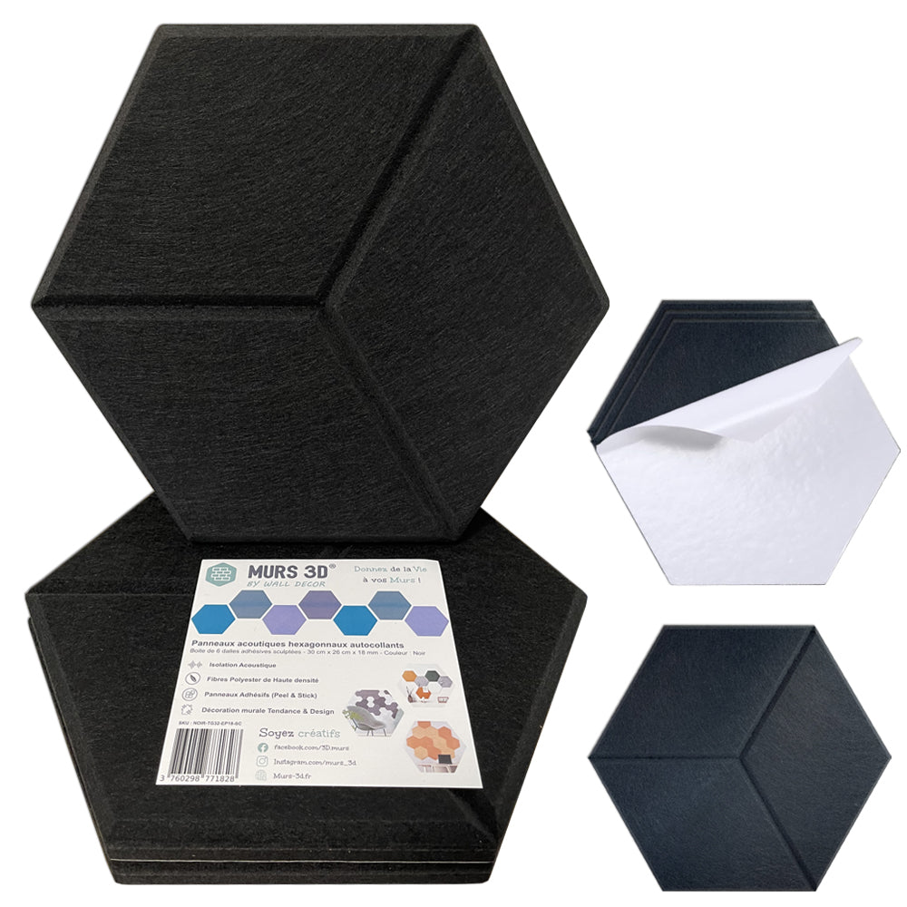 L'image montre Murs 3D by Wall Decor Panneaux Acoustiques Noir Texturé-6 panneaux hexagonaux adhésifs (30x26 cm, 9 ou 18mm). Un panneau est décollé pour montrer la face adhésive blanche.
