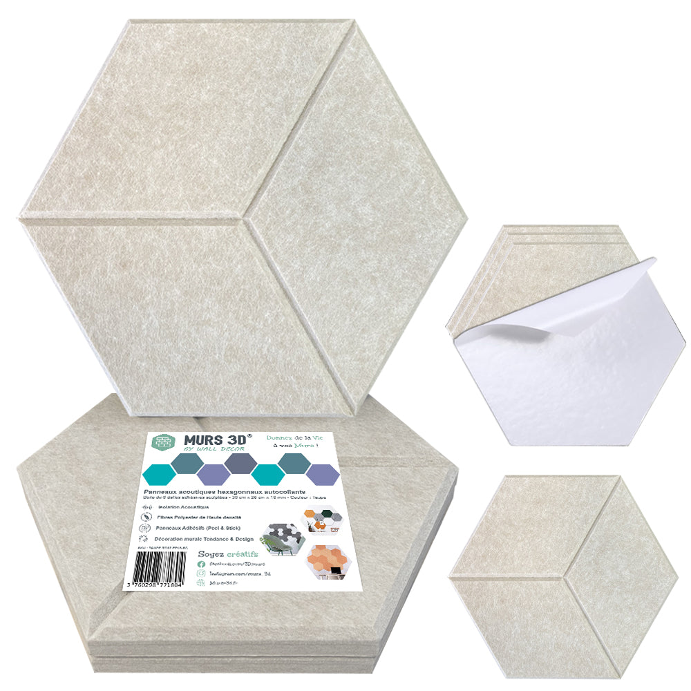 Panneaux Acoustiques Taupe Texturé – Dalles Hexagonales Adhésives 30x26 cm (9 ou 18mm)