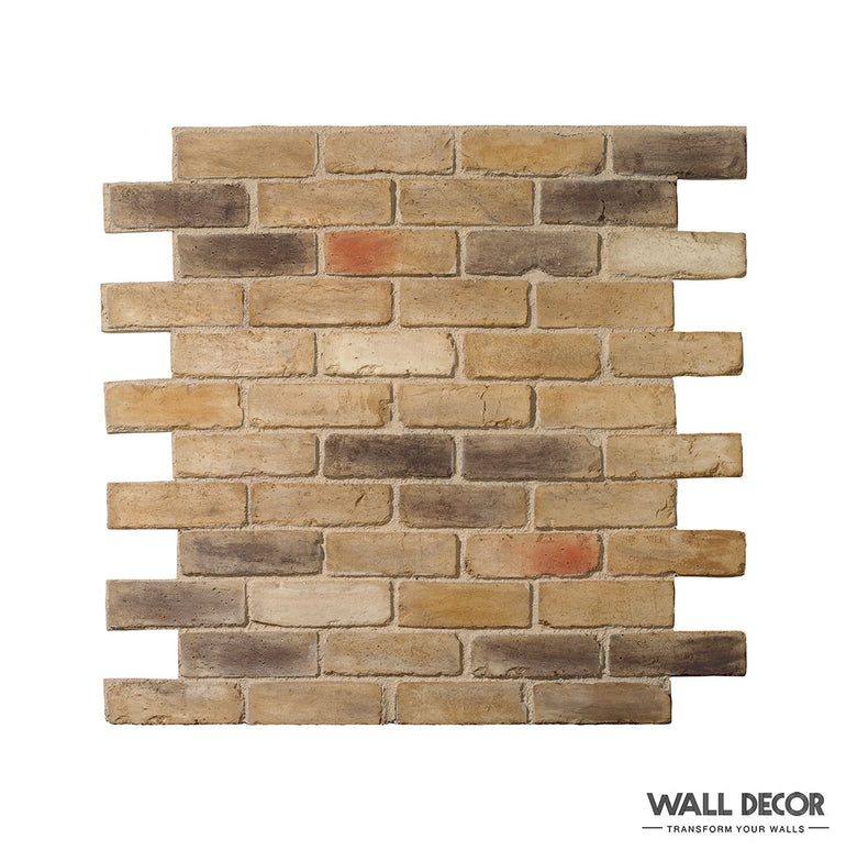Une section du panneau mural Parement Brique Marron - English Brick de Panespol™ montre des briques brun jaunâtre avec des bords irréguliers et quelques briques plus foncées et rougeâtres. Le coin inférieur droit affiche 