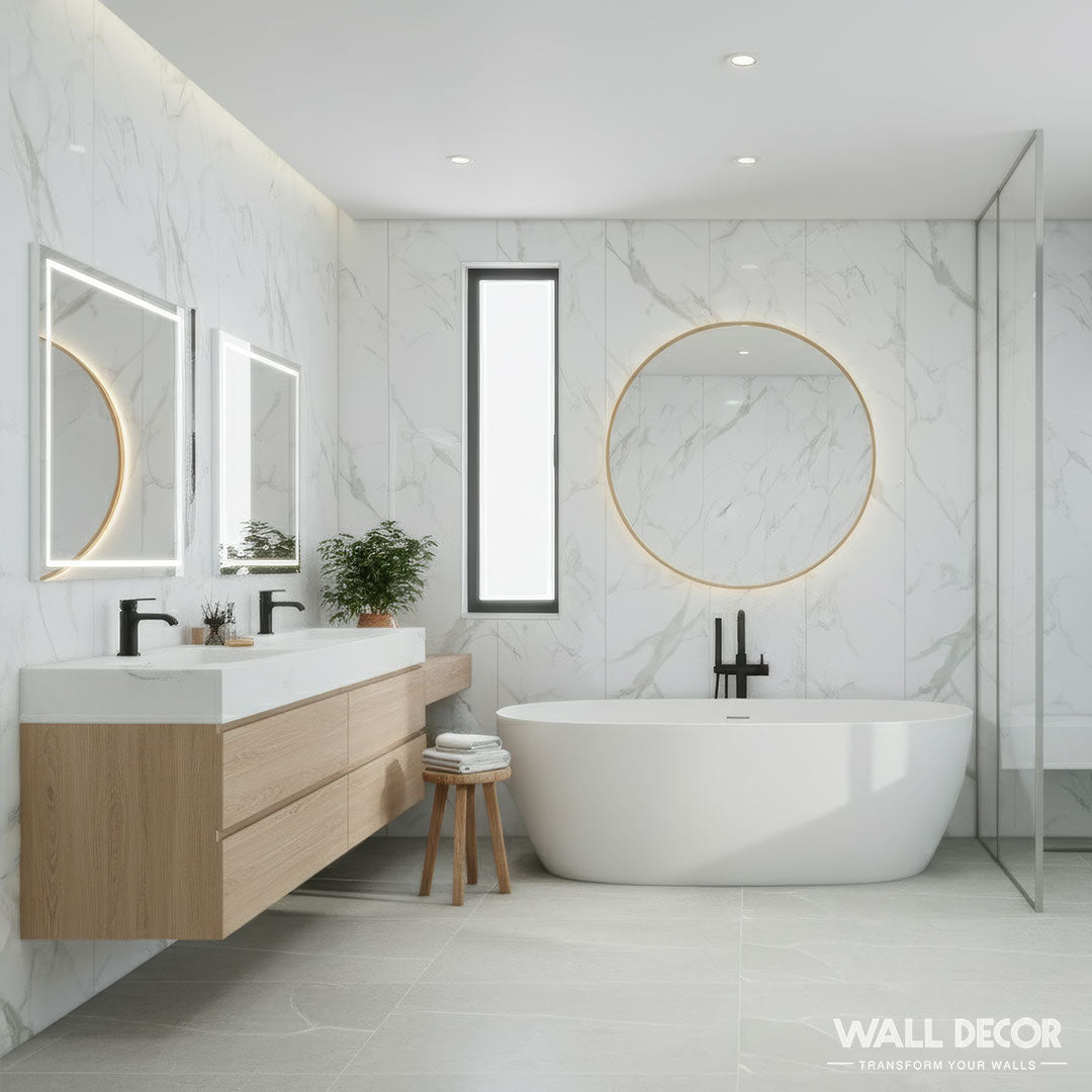 Salle de bain moderne avec Panneaux SPC Marbre Blanc Oslo de Murs 3D, baignoire blanche autoportante, grand miroir rond rétro-éclairé, meuble-lavabo double avec vasques et robinets muraux, plante en pot et sol carrelé gris clair pour une ambiance fraîche et contemporaine.