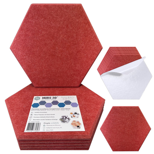 Panneaux Acoustiques Rouge Lisse – 6 Dalles Hexagonales Adhésives 30x26 cm x 9mm