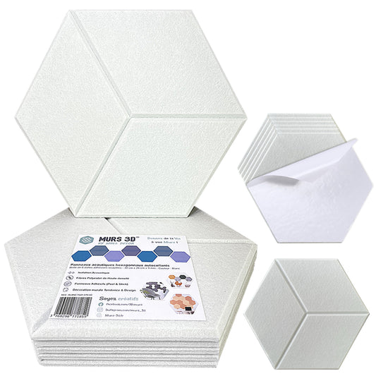 Une pile de Murs 3D by Wall Decor Panneaux Acoustiques Blanc Texturé - 6 Dalles Hexagonales Adhésives 30x26 cm (9 ou 18mm) est présentée, avec un coin décollé pour montrer l'adhésif et une étiquette française sur le panneau avant.